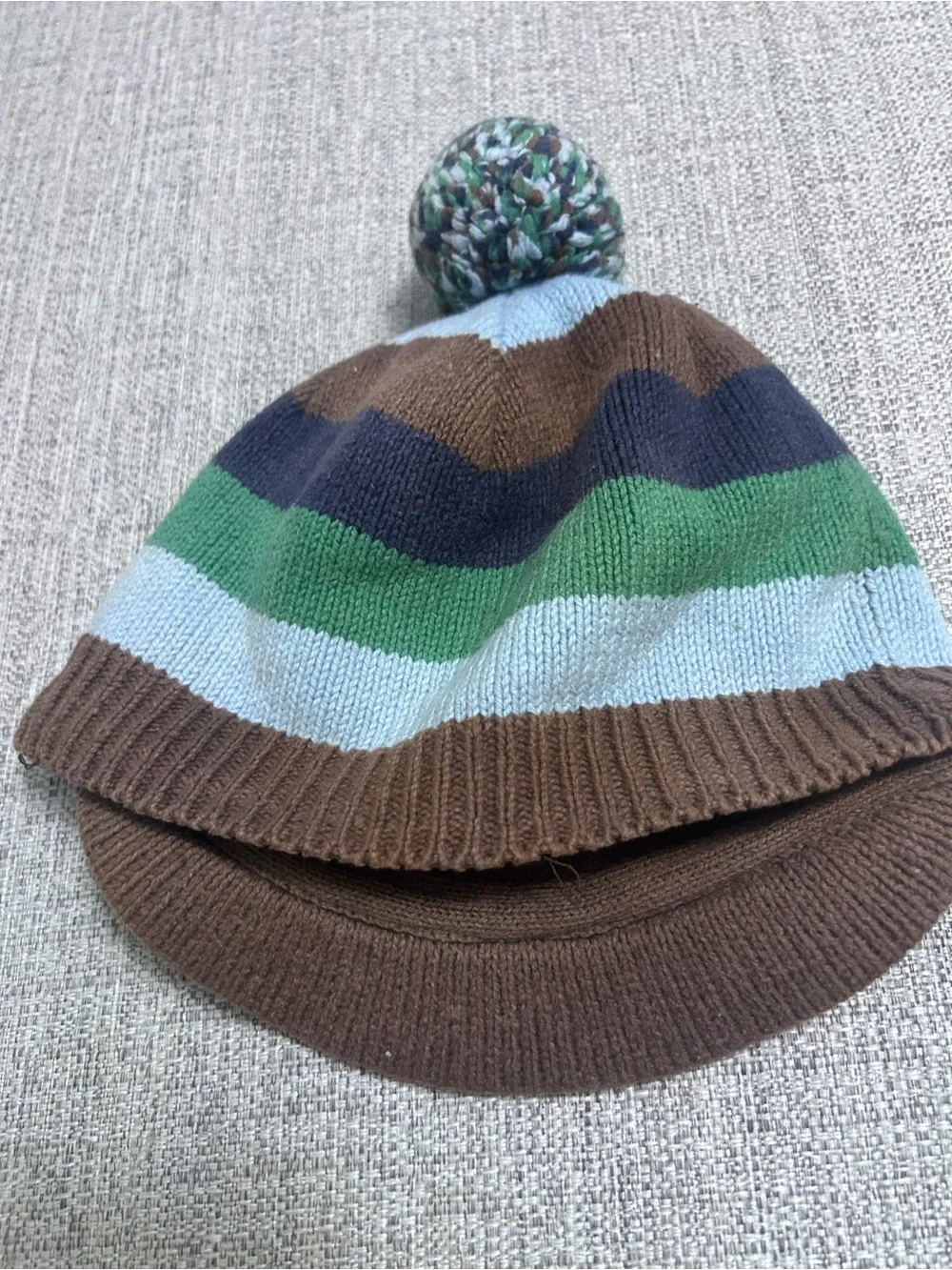 Hanna Andersson Brown Green Light Blue Striped Pom Beanie with Snowflake. Size S